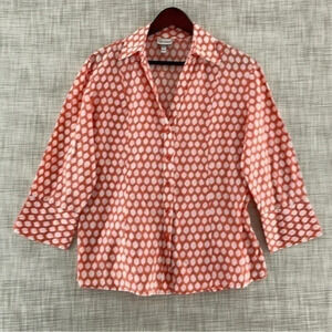 Harve Benard Orange Linen Blend Button Up 3/4 Sleeve Polka Dot Blouse XL